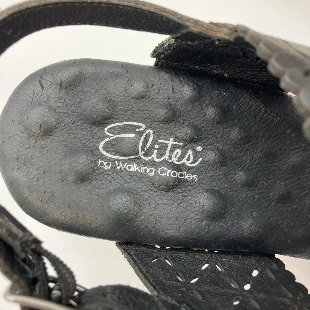 Walking Cradles Sandals 9 W Black Leather Cork Wedge Slingback Shoes Ankle Strap